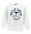 Image of the back of the Sun's Out, Bun's Out long sleeve white t-shirt. Design is of some hand drawn butt cheeks in bikini bottoms with " Surf's up Sun's Out" arched above and "Time To Let Your Buns Out!" arched below with "wayward & Wild" with little sunglasses located below the collar