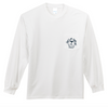 Image of the front of the Sun's Out, Bun's Out white long sleeve t-shirt. Design is of some hand drawn butt cheeks in bikini bottoms with " Surf's up Sun's Out" arched above and "Time To Let Your Buns Out!" arched below Located on the left chest pocket