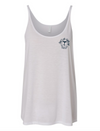 Image of the front of the Sun's Out, Bun's Out white woman's flowy tank. Design is of some hand drawn butt cheeks in bikini bottoms with " Surf's up Sun's Out" arched above and "Time To Let Your Buns Out!" arched below and located on the left chest.