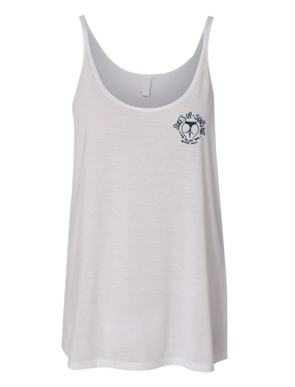 Image of the front of the Sun's Out, Bun's Out white woman's flowy tank. Design is of some hand drawn butt cheeks in bikini bottoms with " Surf's up Sun's Out" arched above and "Time To Let Your Buns Out!" arched below and located on the left chest.