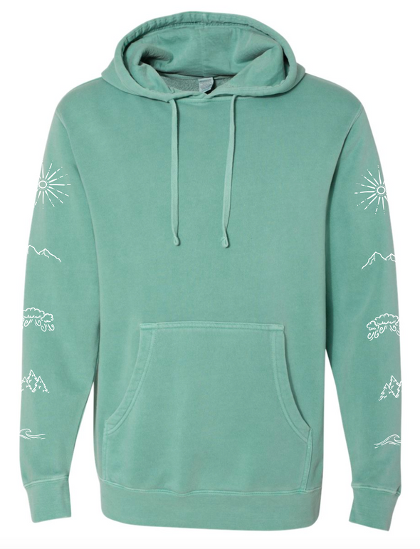 Front of pigment wash mint green Elements Hoodie with hand drawn symbols on each sleeve representing the elements fire, earth, air and water.  