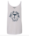 Image of the back of the Sun's Out, Bun's Out Woman's white flowy tank. Design is of some hand drawn butt cheeks in bikini bottoms with " Surf's up Sun's Out" arched above and "Time To Let Your Buns Out!" arched below with "wayward & Wild" with little sunglasses located below the collar