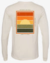 Mock up showing the back of the Dawn 'til dusk off white long sleeve. The design is a Retro color pallete sunset with some small text surrounding each side of the rectangle