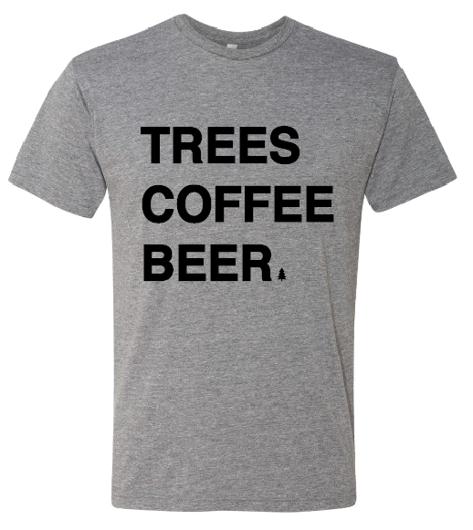 TREES COFFEE BEER T-Shirt with a little pin tree by "BEER" showing the front of the shirt on a blank white back ground